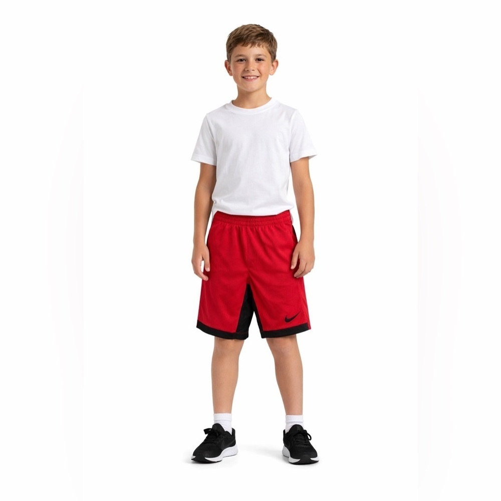 Nike Boys athletic dri-fit shorts red/black with pockets and cinch waist - M